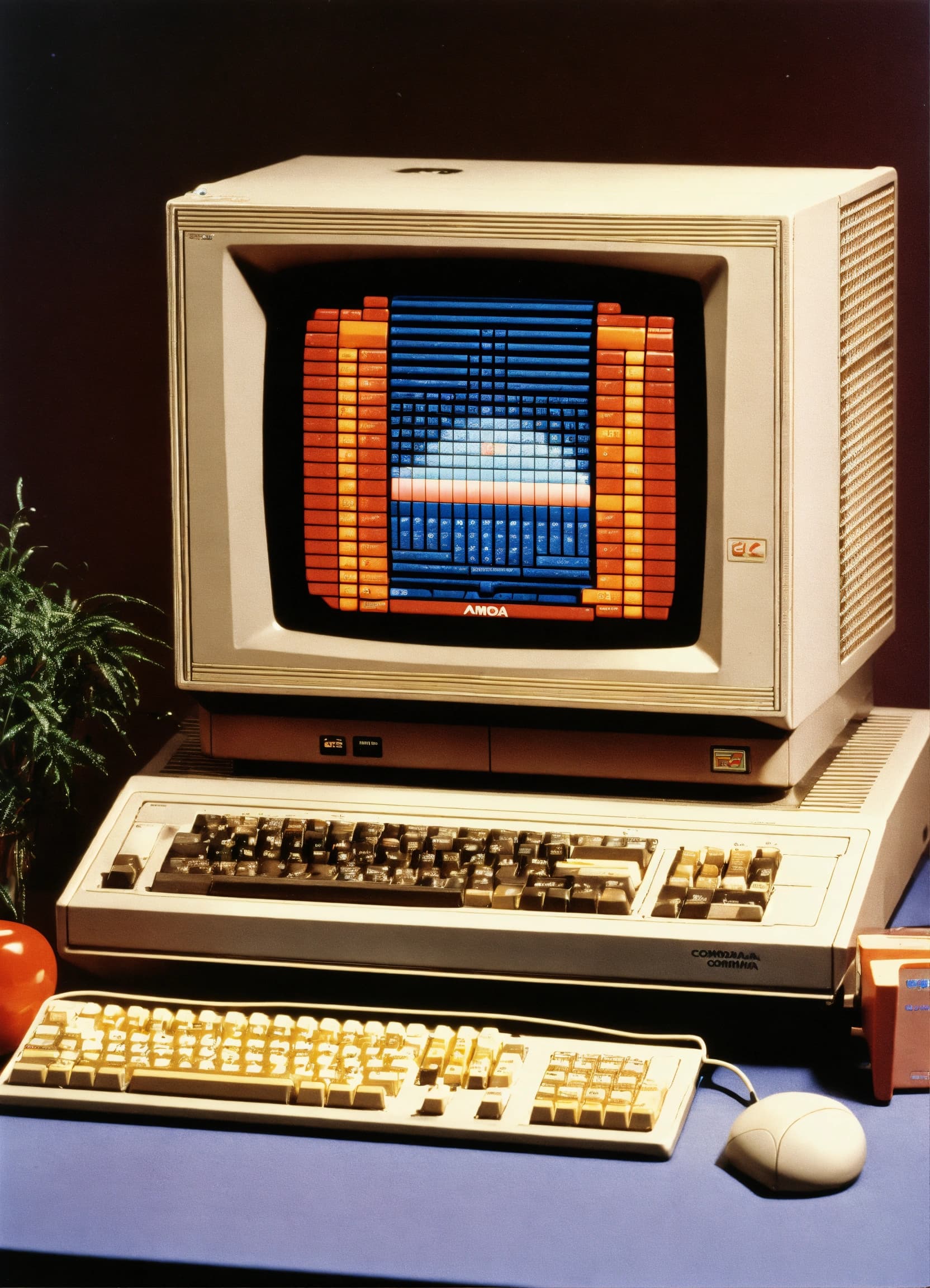 Computadora retro en estudio con pantalla geométrica de alto contraste.