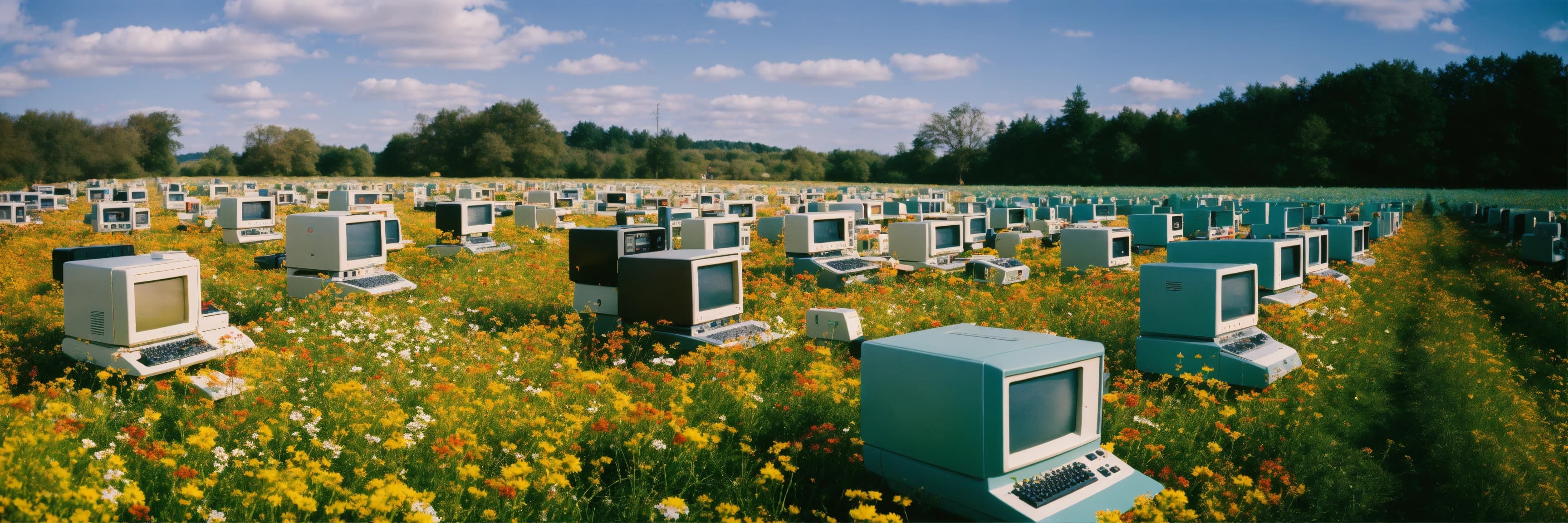 Campo de flores con múltiples computadoras retro distribuidas en perspectiva.