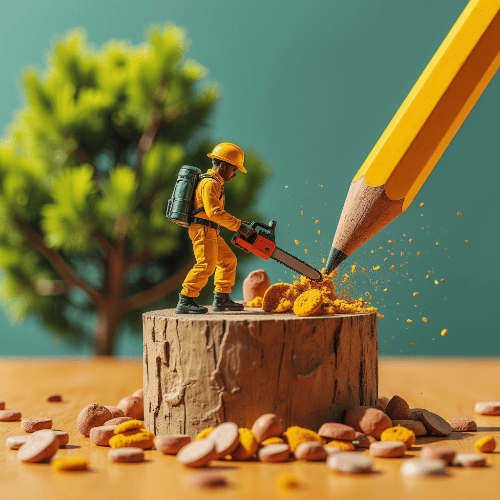 Operario miniatura trabajando con herramientas sobre una escena fuera de escala.